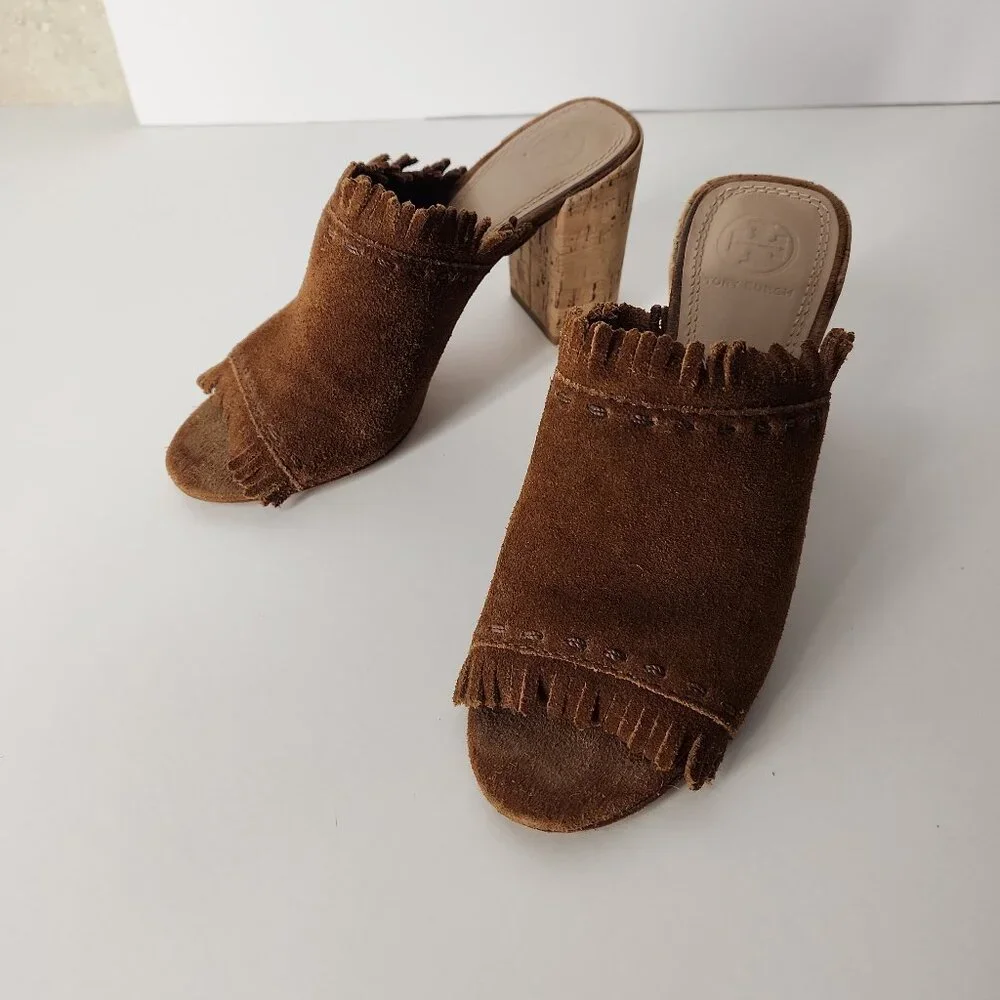 Tory Burch Huntington Festival Brown suede fringe mule sandal heel shoes 5.5 M